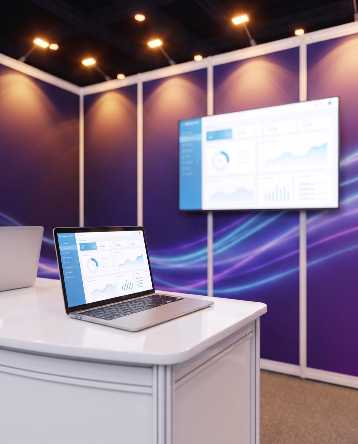 Close-up render of a white demo counter with a laptop dashboard in front of indigo-violet light-trail graphic panels