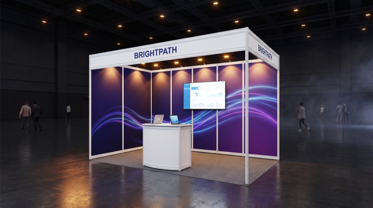 3D render of a 6×3 m shell scheme stand for Brightpath with indigo-violet graphic panels, a wall screen and a white demo counter