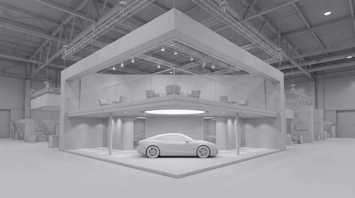 Clay massing model render of the Kova Motors double-deck stand